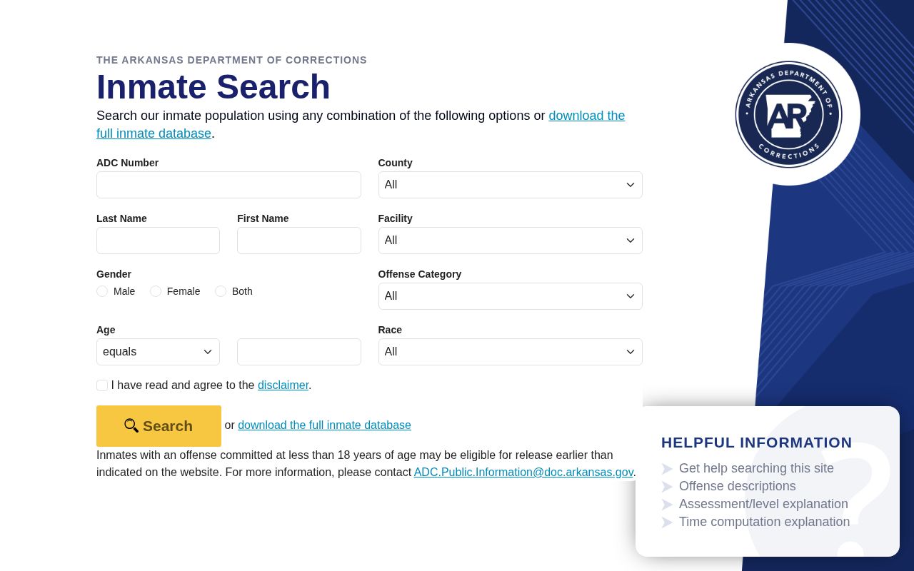 Arkansas Inmate Search portal for state correctional custody