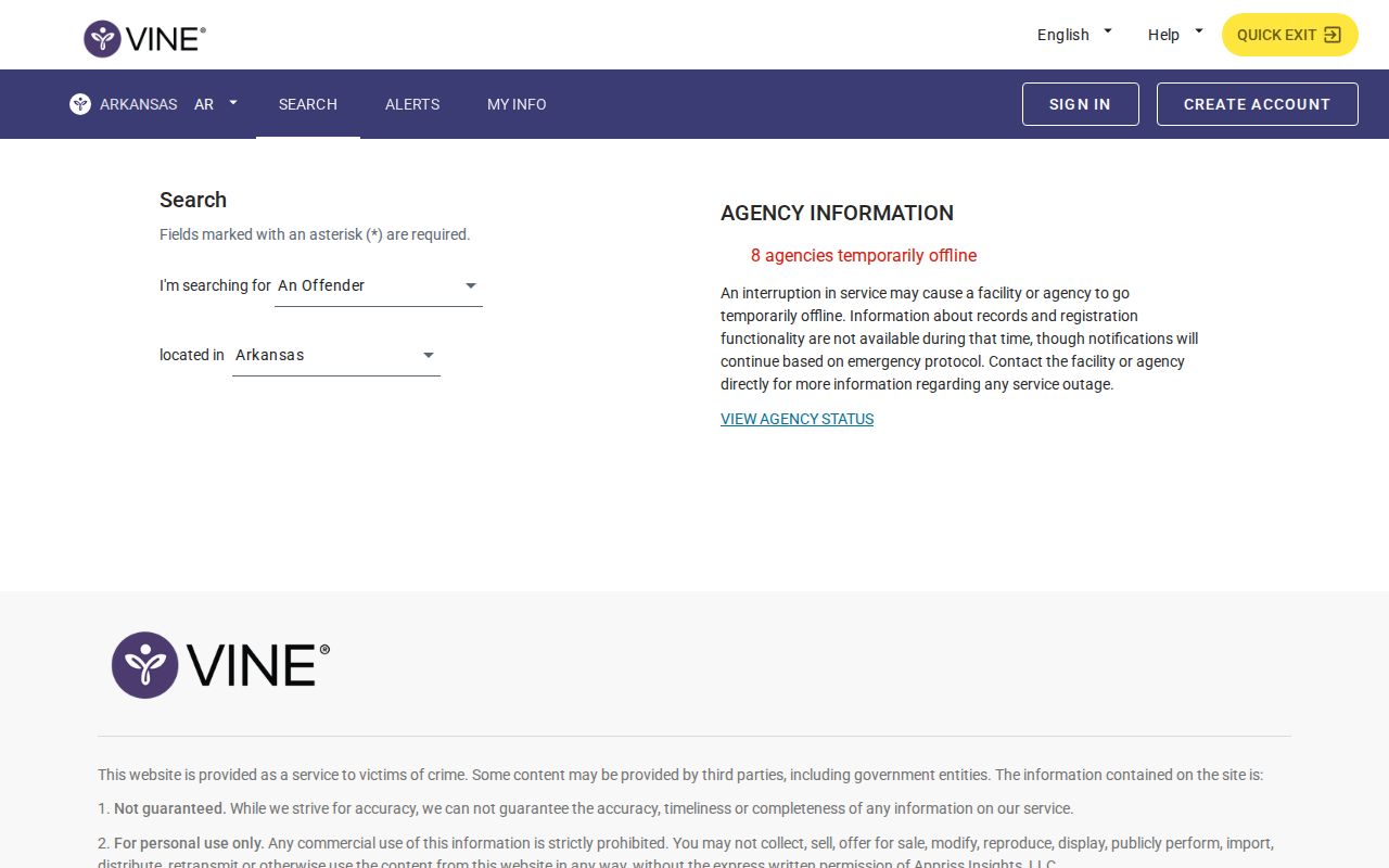 Arkansas VINELink person custody search interface for Montgomery County arrest checks