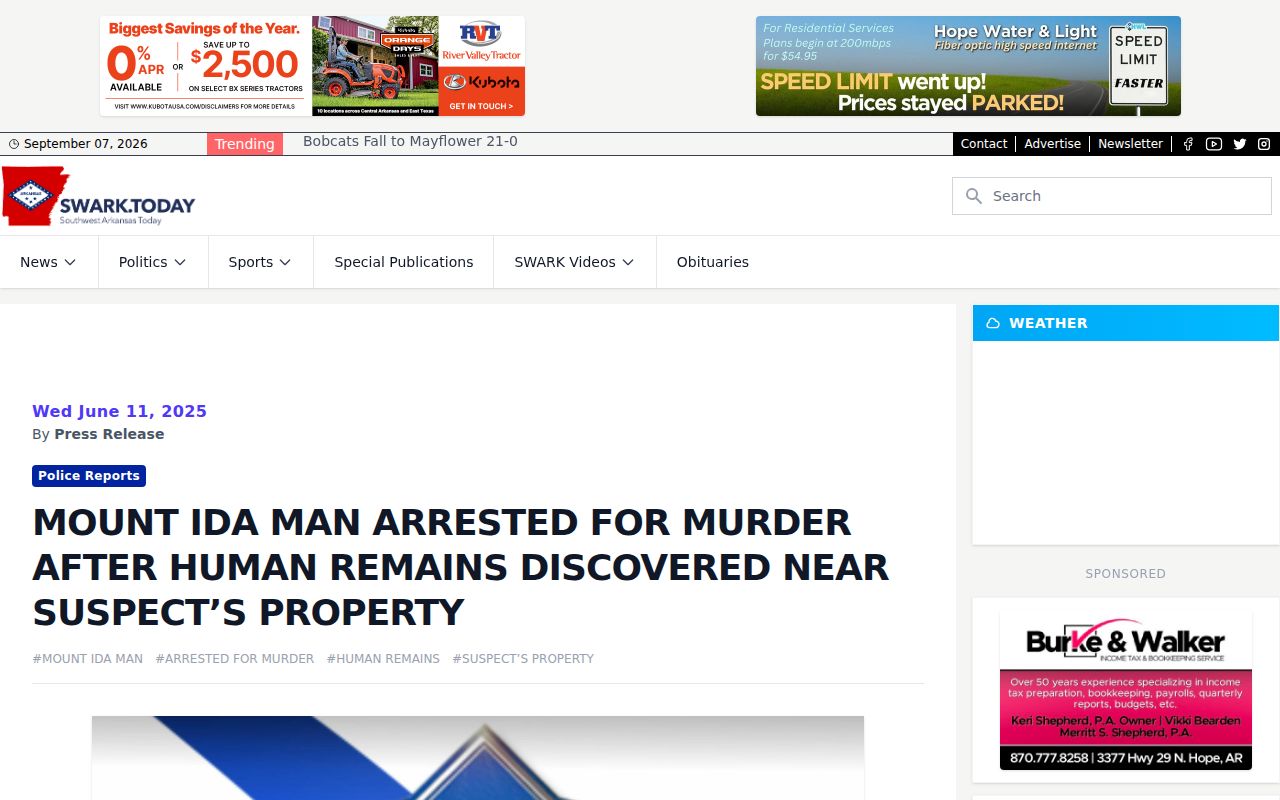 SWARK Today regional report concerning a Mount Ida arrest investigation